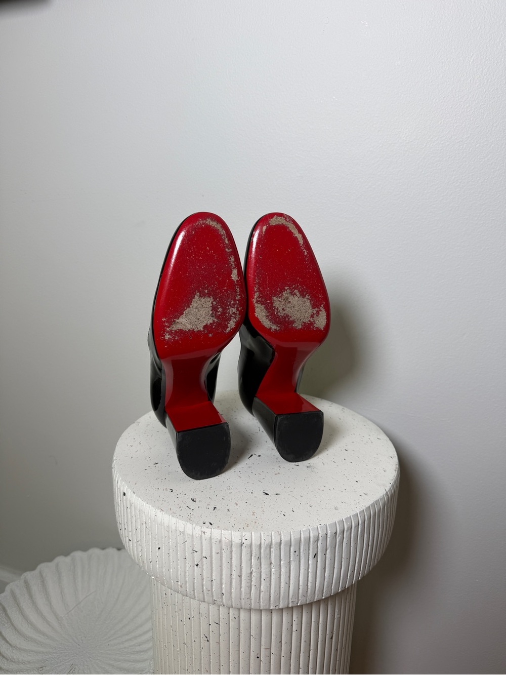 Christian Louboutin Black Patent Round Toe Block Heel Pumps with Red Sole - Picture 6 of 9